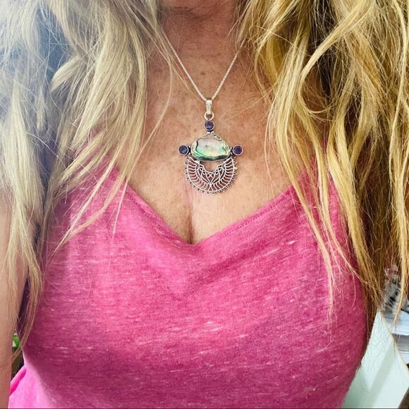 Abalone Shell Sterling Silver Necklace Popcorn Chain - Picture 3 of 5